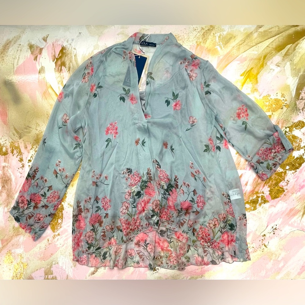 Lola blue floral sheer long sleeve top L